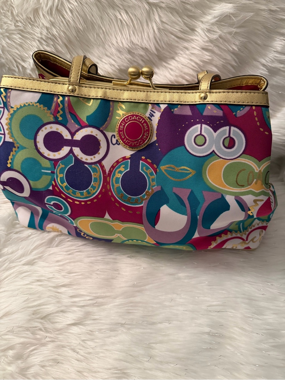 Rare Y2K Coach Poppy Pop Glam Graffiti Kiss Lock Tote Coin Purse F19439